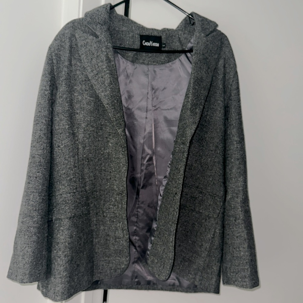 Gray Textured Wool Pea Coat with Notched Lapel